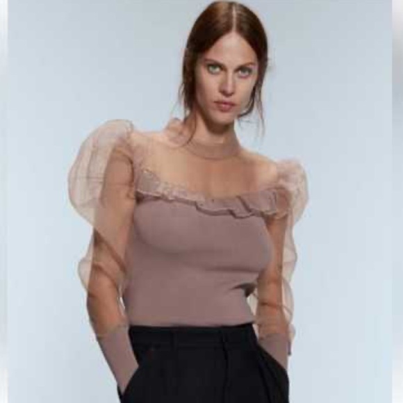 Zara Tops - New ZARA Ruffle Organza Contrasting Knit Top Puff Sleeve Blouse in Taupe Size L